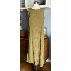 Babette Crinkle Pleat Midi Shift Dress Olive Green Lagenlook Minimalist Art M